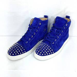 【使用一回】Christian Louboutin 40.5 25.5cm Louis Spikes スエード レザー ブルー 青 ハイカット スタッズ クリスチャン ルブタン