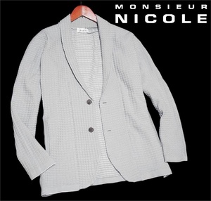 新品! ムッシュニコル 2B ショールカラー ジャカードニット ジャケット グレー 48 (L) ☆ MONSIEUR NICOLE 定価2.5万 カーディガン 灰 ★