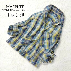 24 【MACPHEE】 マカフィー 麻混 リネン混 チェック 長袖 シャツ 38 M ブルー ネイビー イエロー 2way マドラスチェック トゥモローランド