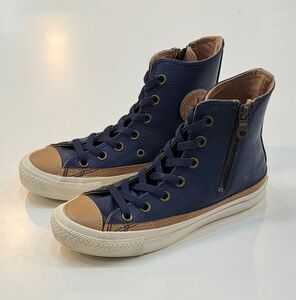 H6828　CONVERSE　コンバース　ALLSTAR Hi　オールスターハイ　レザー　サイドジップ　ネイビー/ベージュ　23.0cm