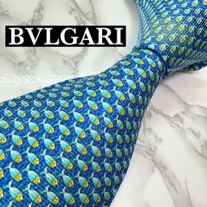 BVLGARI ブルガリ ネクタイ シルク100% パターン柄 魚 セッテピエゲ ワイドタイ 送料無料