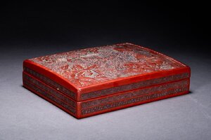 【善古堂】某有名オークション買入 明治時代物 堆朱雕漆 山水楼閣文蓋物 硯箱・文庫 骨董品 古美術1110-39S04