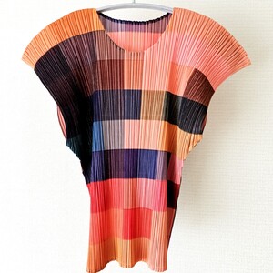 495☆美品 PLEATS PLEASE ISSEY MIYAKE プリーツプリーズ ブロックチェック 総柄 半袖 カットソー マルチカラー 3