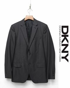 N266/美品 DKNY テーラードジャケット 光沢 ストライプ柄 2つボタン 背抜き センターベント 細身 スリム 34 S~M グレー