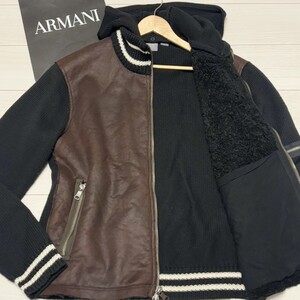 極美品/XLサイズ●アルマーニエクスチェンジ ARMANI レザー パーカー ニット ムートン ジャケット ブルゾン ダブルジップ フード着脱