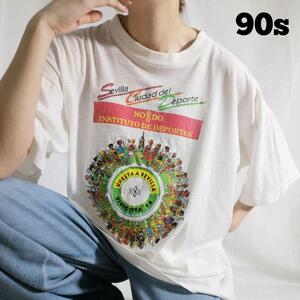 90s VINTAGE ユーロヴィンテージ シングルステッチ プリントTシャツ スペインマラソン 白 メンズ M 古着 1730