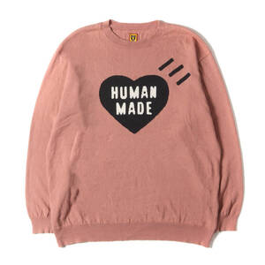 HUMAN MADE ヒューマンメイド ニット サイズ:XL 22AW ハートロゴ コットン/ウール ニット セーター (HEART L/S KNIT SWEATER) ピンク