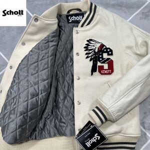 【新品Lsize】タグ付き 未使用品 SCHOTT ショット レザー切替 スタジャン 白 牛革 カウレザー【上質な手触り】 S刺繍 キルティング 極上