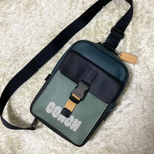 1円〜 極美品 コーチ COACH ショルダーバッグ ボディバック レザー 革 グリーン メンズ レディース クロスボディ ロゴ型押し マルチカラー