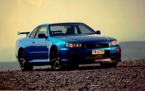 日産 GT-R R34 青 1999年 絵画風 壁紙ポスター ワイド版603×376mm（はがせるシール式）003W2