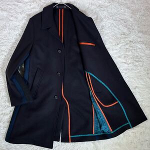 【美品】Paul Smith ポールスミス 現行タグ ステンカラーコート ロング丈 ウール 厚手 ネイビー 切替え Lサイズ カラーパイピング 秋冬