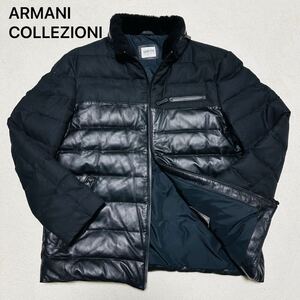 希少2XL!美品 アルマーニコレツィオーニ ARMANI COLLEZIONI ダウンジャケット 羊革 レザー ウール 切替 フード収納 黒 ブラック 52(3L)