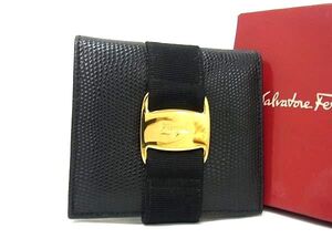 1円 ■美品■ Salvatore Ferragamo フェラガモ ヴァラ リザード型押しレザー 二つ折り 財布 ウォレット レディース ブラック系 BJ6819