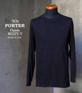 90s ポーター PORTER USA製 Hanes BEEFY-T 黒 ブラック コットン ロンT 長袖Tシャツ S 34-36