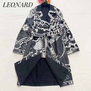 極美品*LEONARD レオナール 大きいサイズ ロングコート 花柄 シルク混 ベルト付き モノトーン トリムデザイン 11 Lサイズ相当 チェスター