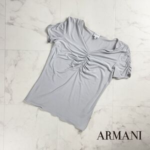 美品 ARMANI COLLEZIONI アルマーニコレツィオーニ センターギャザー Vネック半袖カットソー トップス レディース グレー サイズ42*RC553