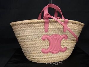 ■新品同様■ CELINE セリーヌ トリオンフ ラフィア 2WAY ハンドバッグ ショルダー かごバッグ レディース ベージュ系×ピンク系 BI3507