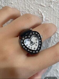 アクセサリー 韓国 レディース シルバー 黒 ブラック ハート型 リング 指輪 時計
