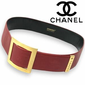 n308 CHANEL シャネル レザー ベルト ゴールドバックル レッド 赤 本革 ロゴ 太ベルト 70 ヴィンテージ 正規品　レディース