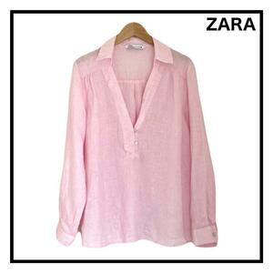 ZARA　ザラ　リネンシャツ　ピンク　長袖　レディース　シアー　透け感　麻　S