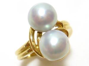 【K18】 豪華！大粒 パール 7.5mm 2個付 リング 12号 イエローゴールド 18金 指輪 Yellow Gold Pearl ring◇J