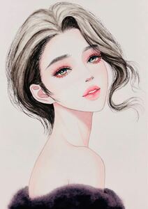 手描きイラスト　水彩原画　ショートヘアの女の子