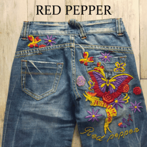 ☆RED PEPPER レッドペッパー☆バタフライ刺繍 ブーツカット デニム USED加工 レディース W27 S2047