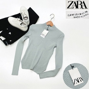 未使用品 /M/ ZARA ブルー系 長袖フィットニットセーター レディース タグ カジュアル トップス 通勤 フェミニン 大人可愛い デイリー ザラ