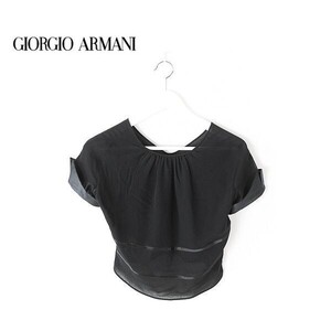 A3777/極美品 春夏 GIORGIO ARMANI ジョルジオアルマーニ 黒ラベル シルク100% 半袖 Tシャツ カットソー ブラウス36黒/イタリア レディース