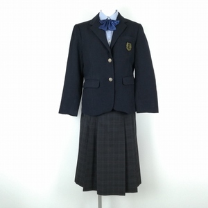 1円 ブレザー チェックスカート リボン 上下4点セット 指定 冬物 女子 学生服 栃木國學院栃木中学高校 紺 制服 中古 ランクB EY8539