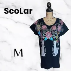 【scolar】 猫と花柄 チュニックワンピース　ブラック　M