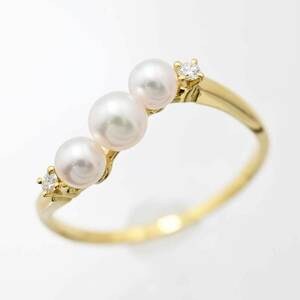 ミキモト MIKIMOTO K18ＹG イエローゴールド パール ダイヤ リング 14号 レディース 3480