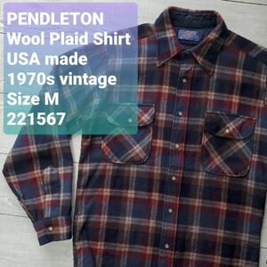 送料無料 PENDLETONペンドルトン■USED 70s vintage USA製 チェック柄 ピュアヴァージンウール 長袖シャツ M 一部ダメージあり