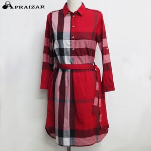 BURBERRY　LONDON バーバリーロンドン ウエストベルト チェック柄 シャツ ワンピース コットン100％ レッド系 ベルト付 [67778]　