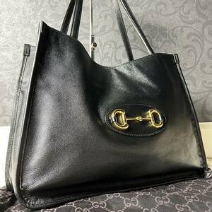 極美品◎GUCCI トートバッグ ホースビット ハンドバッグ グッチ レザー ブラック 黒 金具 ゴールド 肩掛け A4可能 本革 男女兼用 通勤