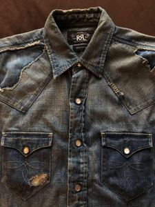 【名作】極美品 RRL REPAIRED CUSTOM WESTERN SHIRT ダブルアールエル リペア デニムシャツ シャツ ウエスタンシャツ コンチョ XS