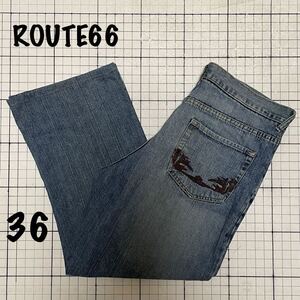 ルート66【ROUTE66】ORIGINAL ダメージ加工ジーンズ デニム バック刺繍あり 大きなサイズ 36×30/股下72cm カット済み ブルー/青