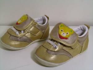 全国送料無料 ミキハウス MIKIHOUSE 日本製 子供靴キッズベビー ゴールド金色メッシュ素材 ベアーフェイス スニーカーシューズ 13cmEE