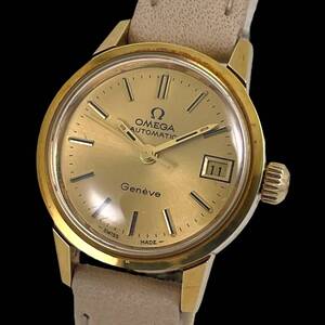 24K033　オメガ　OMEGA　ジュネーブ　GENEVE　レディース腕時計　動作品　自動巻き　3針　デイト　ゴールド文字盤　ラウンド　１円～