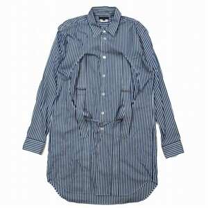 美品 19SS コムデギャルソンオムプリュス COMME des GARCONS HOMME PLUS クレイジースーツ ストライプ柄 バックル ロング シャツ 青 ブルー