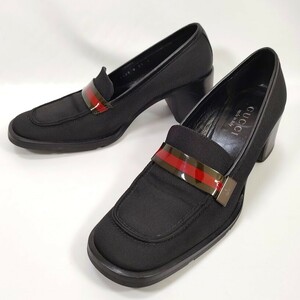 美品 グッチ GUCCI ローファー 37 （24.0相当）シェリーライン キャンバス レザー 黒 ブラック 金具シルバー パンプス チャンキーヒール