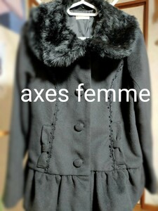 美品 ショートコート axes femme ポエティック ブラック 黒 丸襟 ファー付 ハーフコート リボン レース コート アウター