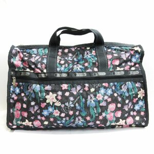 レスポートサック LesportSAC 良品 アイリスニードルポイント ボストン バッグ ショルダー ポーチ付き 花柄 チャコールグレー 鞄 ■GY99 レ