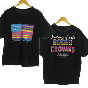 ロデオクラウンズワイドボウル RODEO CROWNS WIDE BOWL RCWB Ｔシャツ Vネック 半袖 星条旗 バックロゴプリント コットン ブラック 黒 XL