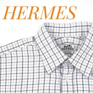 極美品HERMES 2322 エルメス セリエボタン 銀ボタン チェックシャツ Yシャツ チェック柄 フランス製 メンズ 38 Mサイズ 1円