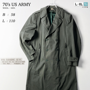 70s US ARMY ウール ギャバジン 100% 厚手 ヴィンテージ アメリカ軍 ロング ミリタリー コート 緑 グリーン 米軍 軍放出品 40R L 春 秋 冬