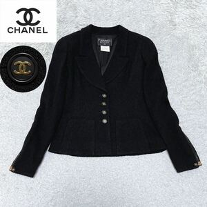 美品 CHANEL シャネル 97P P07316V50395 CCロゴ ココマーク ボタン ツイード スーツ ジャケット アウター ヴィンテージ 36 ブラック 黒 金