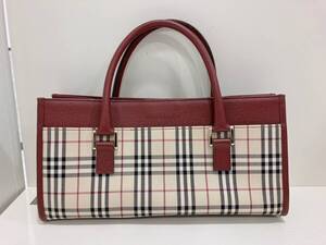 ◆BURBERRY バーバリー チェック柄 キャンバス レザー ハンドバッグ ベージュ系 トートバッグ