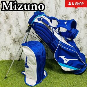 【美品】Mizuno ミズノ キャディバッグ ゴルフバッグ 軽量 スリム スタンド 7.0型 ブルー×ホワイト