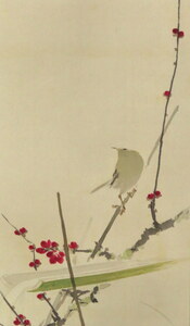 ◆◇掛軸 須磨対水 筧(紅梅に鶯) 尺巾 物故作家掛軸 hanging scroll◇◆正月 早春 茶道 日本画 JY1546